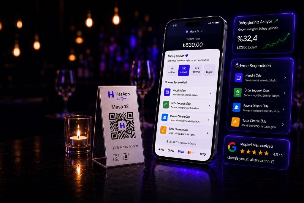 Karanlık restoran masasında HesApp akrilik QR standı (Masa 12) ve telefonda bahşiş ile ödeme seçenekleri ekranı; mum ışığı ve bokeh arka plan.